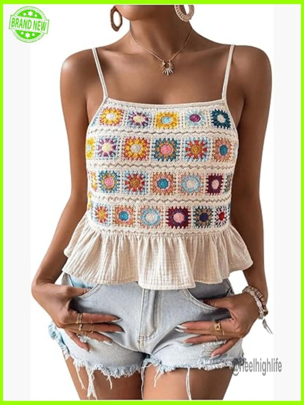 Floral Crochet Ruffled Sleeveless Peplum Tank Top Boho Summer